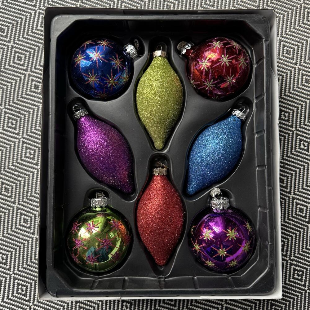 Celebrations by Christopher Radko 2012 Glitter Glass Ornament Set Of 8 with Box